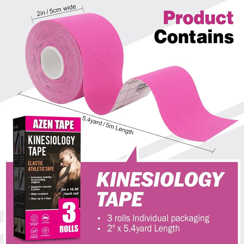 AZEN 3 Rolls Kinesiology Tape, 16.4 ft Waterproof Kinetic Tape for Joints Support and Muscle Pain Relief, Uncut Muscle Tape, Knee Tape, Athletic Tape, Pink - Image 2